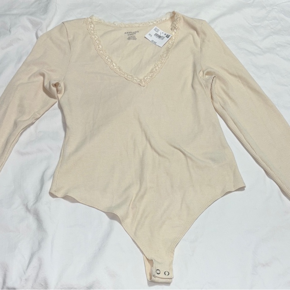 American Eagle Outfitters Cream Ribbed Long Sleeve Bodysuit